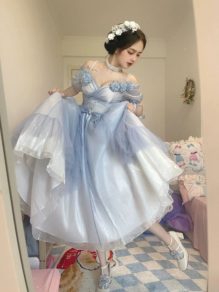 Dusty Blue Off The Shoulder Lolita Prom Dress