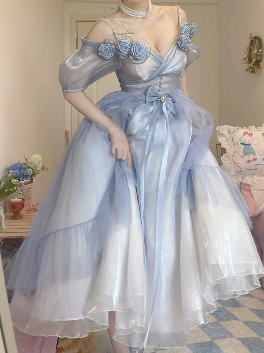 Dusty Blue Off The Shoulder Lolita Prom Dress - DollyGown