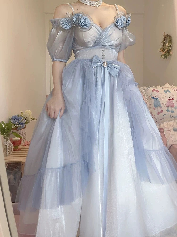 Dusty Blue Off The Shoulder Lolita Prom Dress - DollyGown