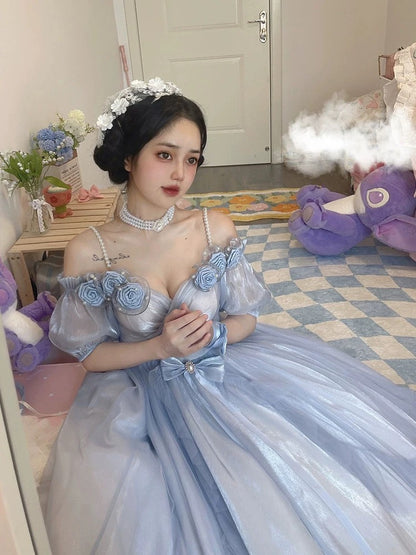 Dusty Blue Off The Shoulder Lolita Prom Dress - DollyGown