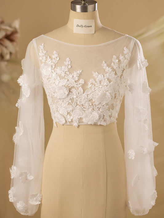 Fiona Adorable 3D Lace Bridal Tops with Long Bubble Sleeves - DollyGown