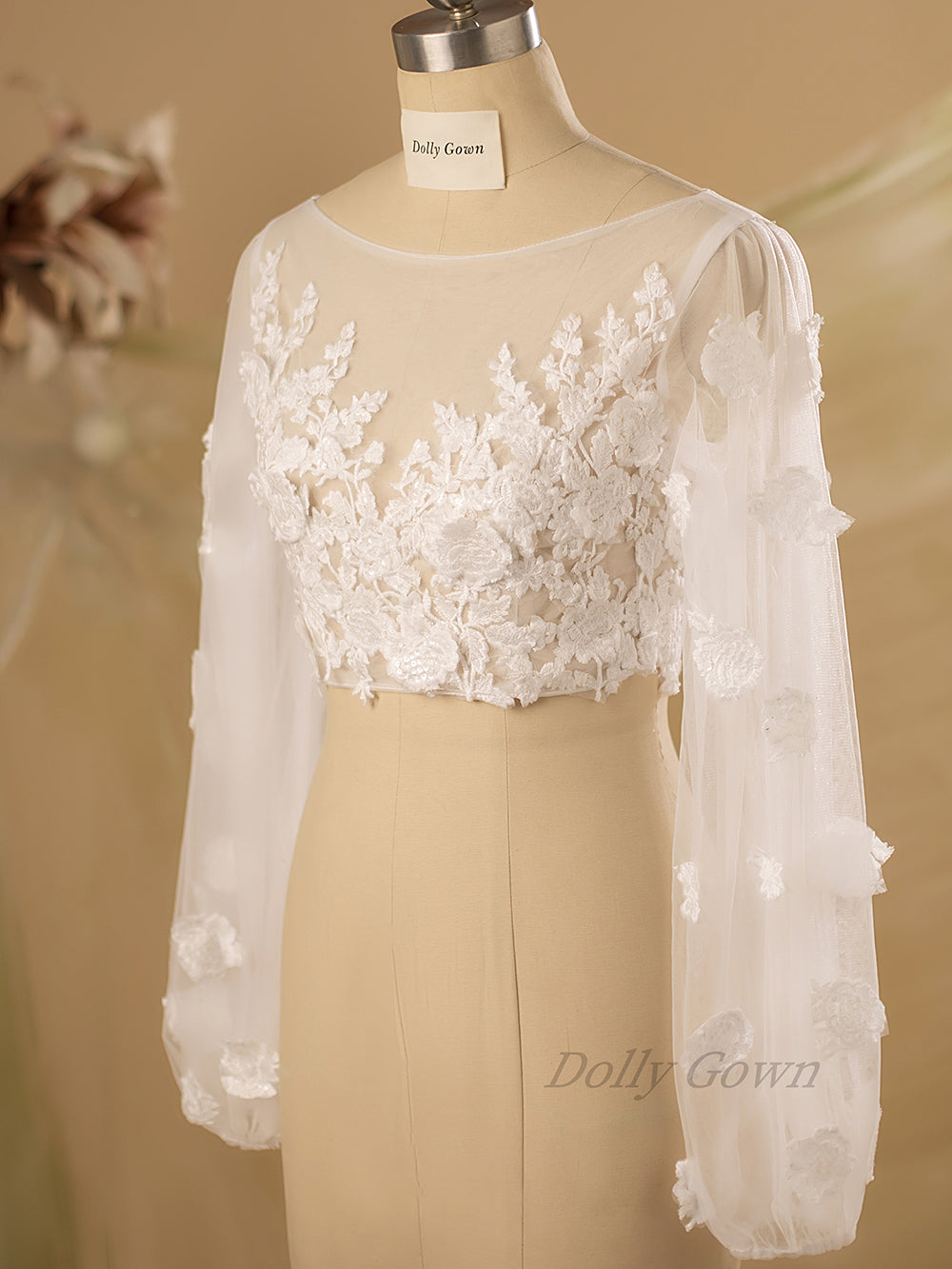 Fiona Adorable 3D Lace Bridal Tops with Long Bubble Sleeves - DollyGown