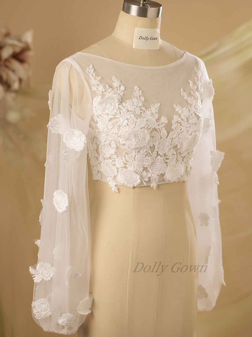 Fiona Adorable 3D Lace Bridal Tops with Long Bubble Sleeves - DollyGown