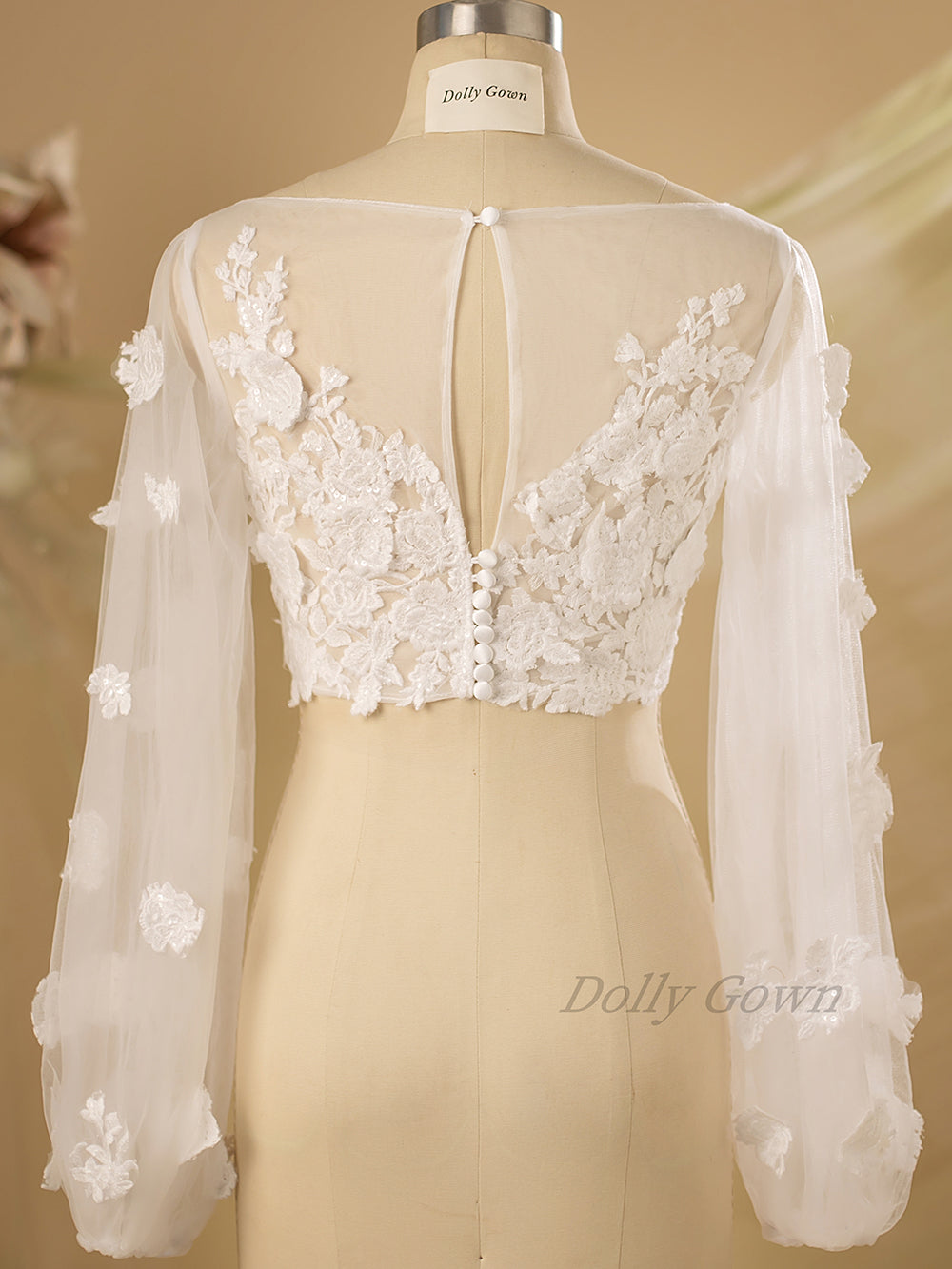 Fiona Adorable 3D Lace Bridal Tops with Long Bubble Sleeves - DollyGown