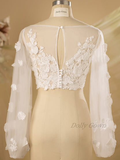 Fiona Adorable 3D Lace Bridal Tops with Long Bubble Sleeves - DollyGown