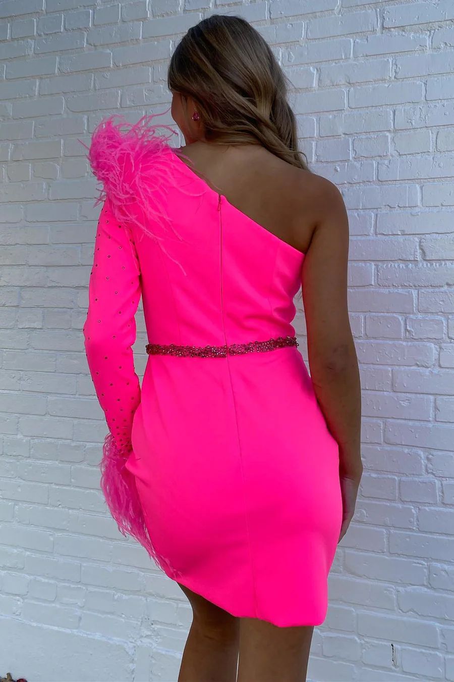 Hot Pink Feather One Shoulder Tight Fit Homecoming Dress