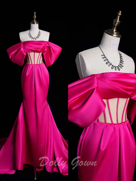 Hot Pink Off The Shoulder Satin Corset Prom Dress - DollyGown