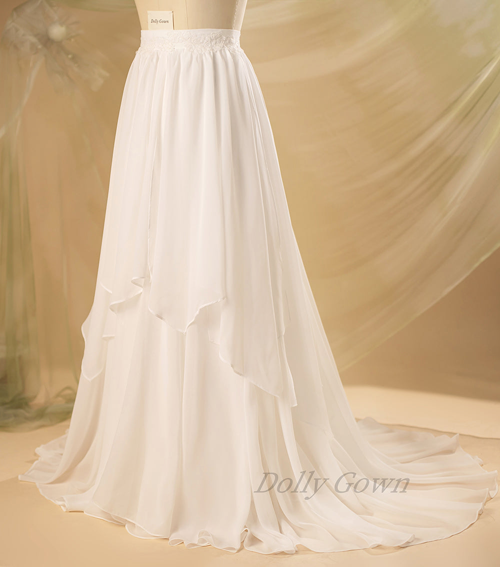 Katriel Irregular Chiffon Bridal Wedding Skirt with Chapel Train - DollyGown