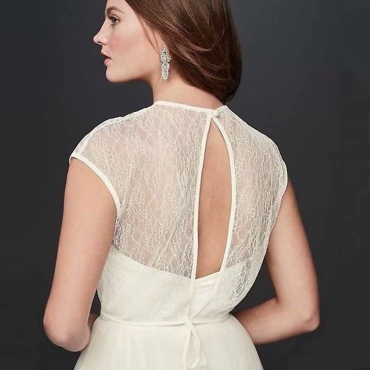 Lena Open Back Cap Sleeved Lace Bridal Cover Ups - DollyGown