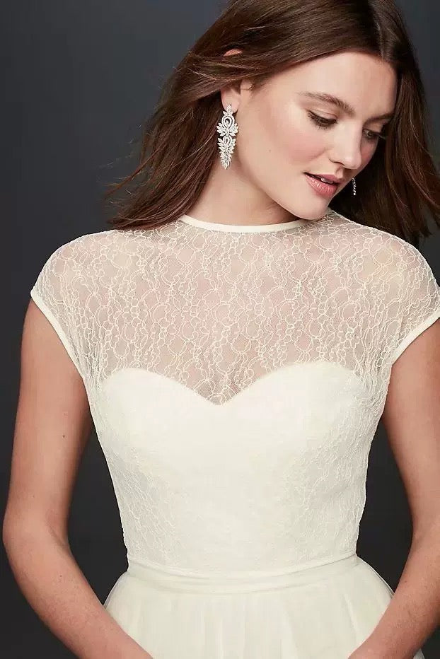 Lena Open Back Cap Sleeved Lace Bridal Cover Ups - DollyGown