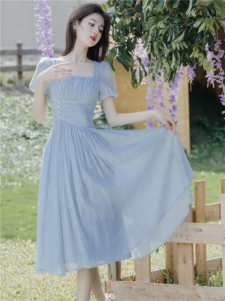 Light Blue Square Neck Vintage Summer Swing Dress