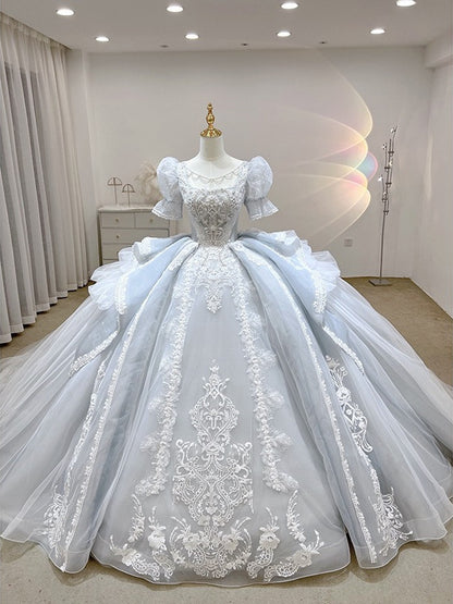 Luxury Pale Blue Princess Cathedral Traditional Victorian Wedding Dress