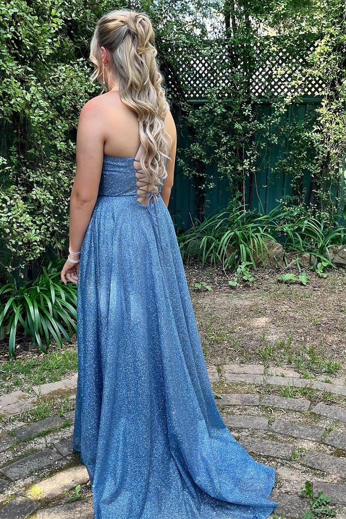 Dusty Blue Glitter Cowl Neck Corset  Lace-Up Bodice A-Line Long Prom Dress - DollyGown