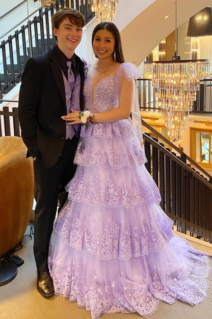 Lilac Tulle Appliques Tie Straps Ruffle Tiered Lace Long Prom Dress - DollyGown