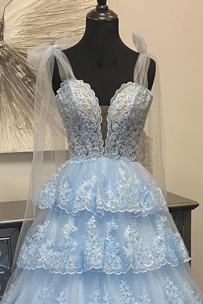 Light Blue Tulle Appliques Tie Straps Ruffle Tiered Lace Long Prom Dress - DollyGown