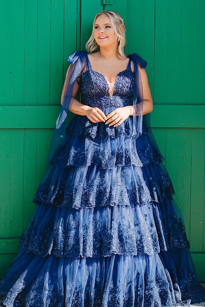 Navy Blue Tulle Appliques Tie Straps Ruffle Tiered Lace Long Prom Dress - DollyGown