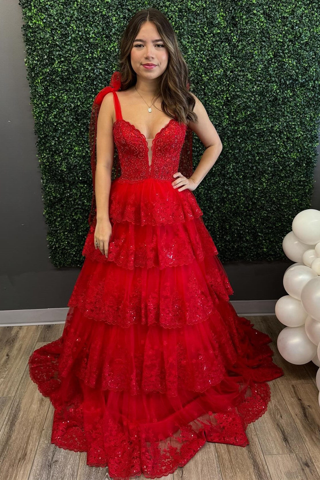 Red Tulle Appliques Tie Straps Ruffle Tiered Lace Long Prom Dress - DollyGown