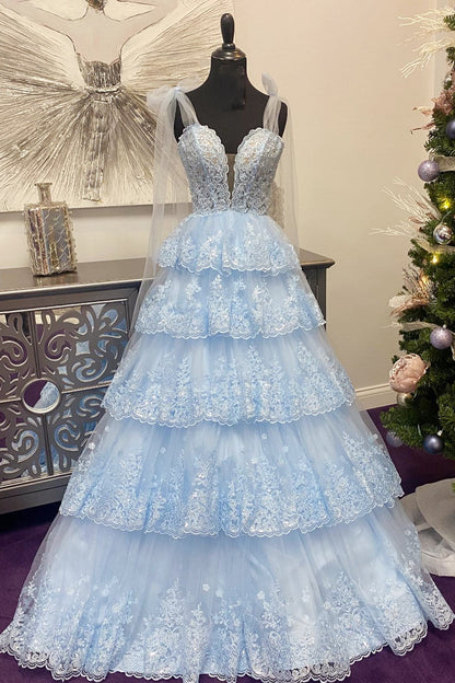 Light Blue Tulle Appliques Tie Straps Ruffle Tiered Lace Long Prom Dress - DollyGown