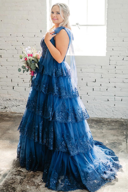 Navy Blue Tulle Appliques Tie Straps Ruffle Tiered Lace Long Prom Dress - DollyGown