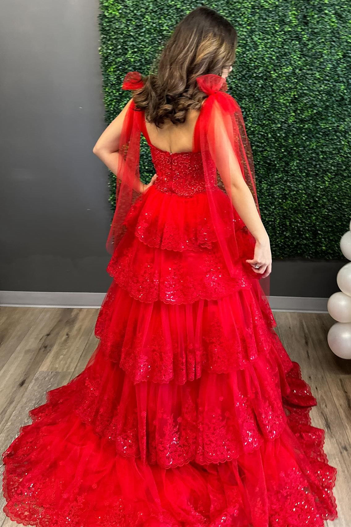 Red Tulle Appliques Tie Straps Ruffle Tiered Lace Long Prom Dress - DollyGown