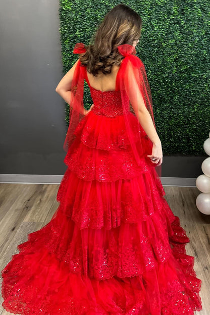 Red Tulle Appliques Tie Straps Ruffle Tiered Lace Long Prom Dress - DollyGown