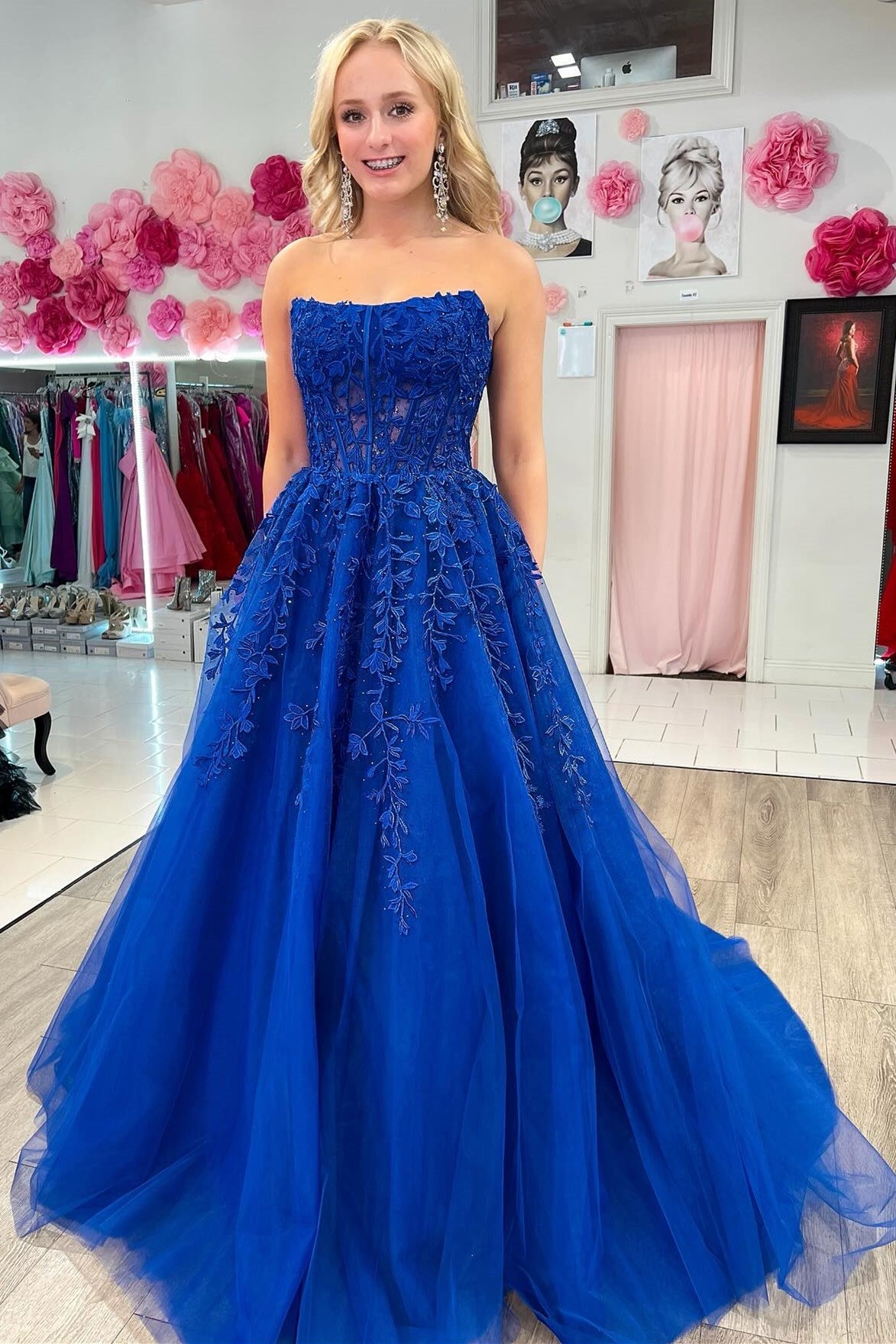 Royal Blue Appliques Strapless A-Line Long Sheer Prom Dress - DollyGown