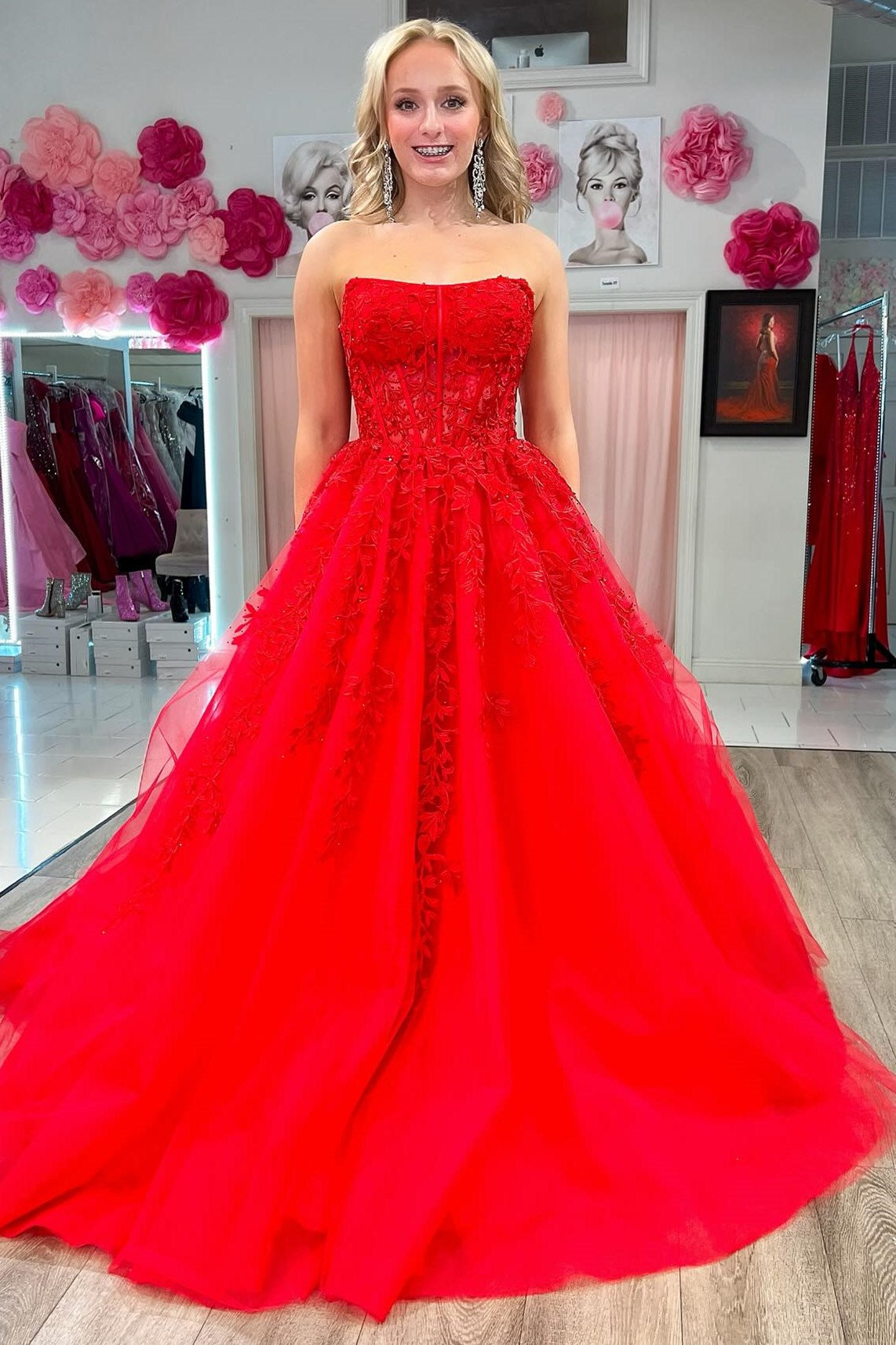 Red Appliques Strapless A-Line Long Sheer Prom Dress - DollyGown