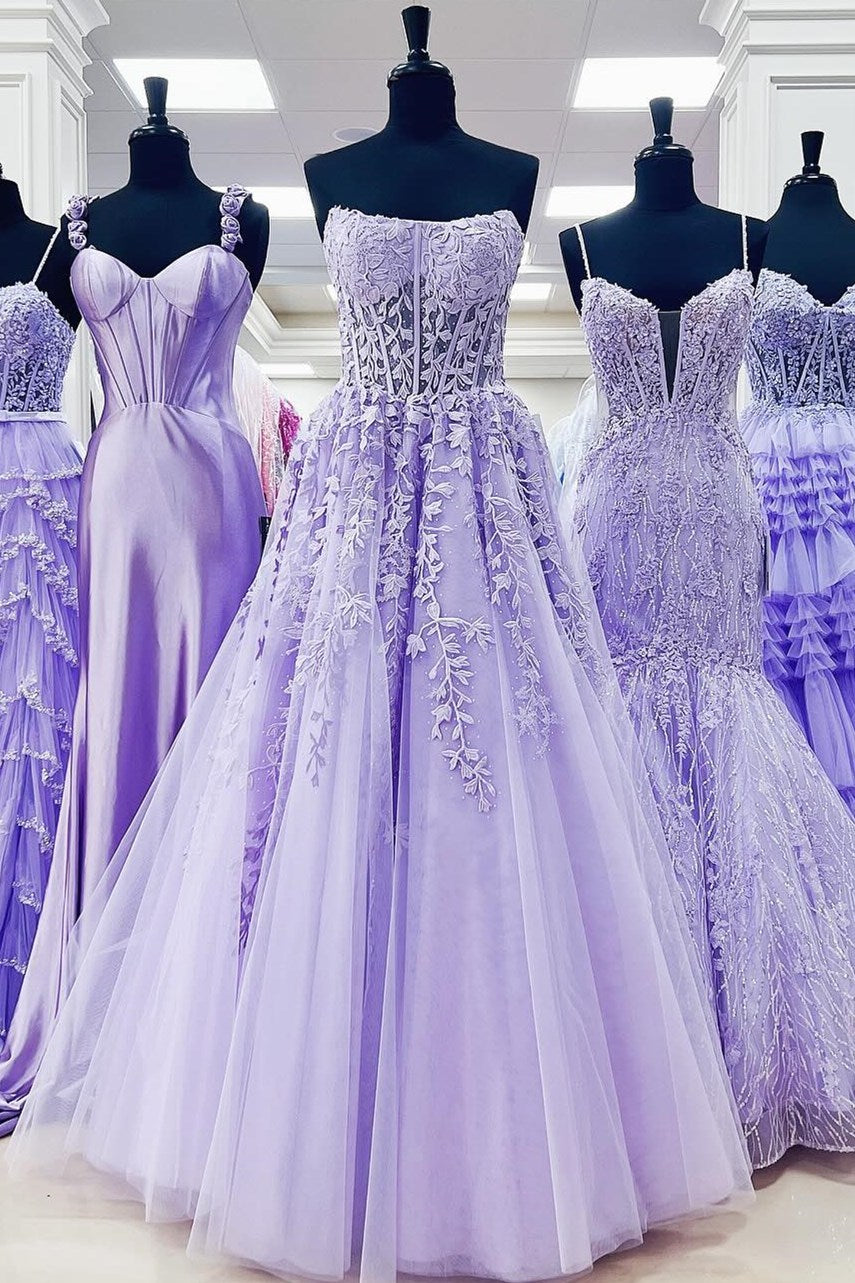Lavender Appliques Strapless A-Line Long Sheer Prom Dress - DollyGown