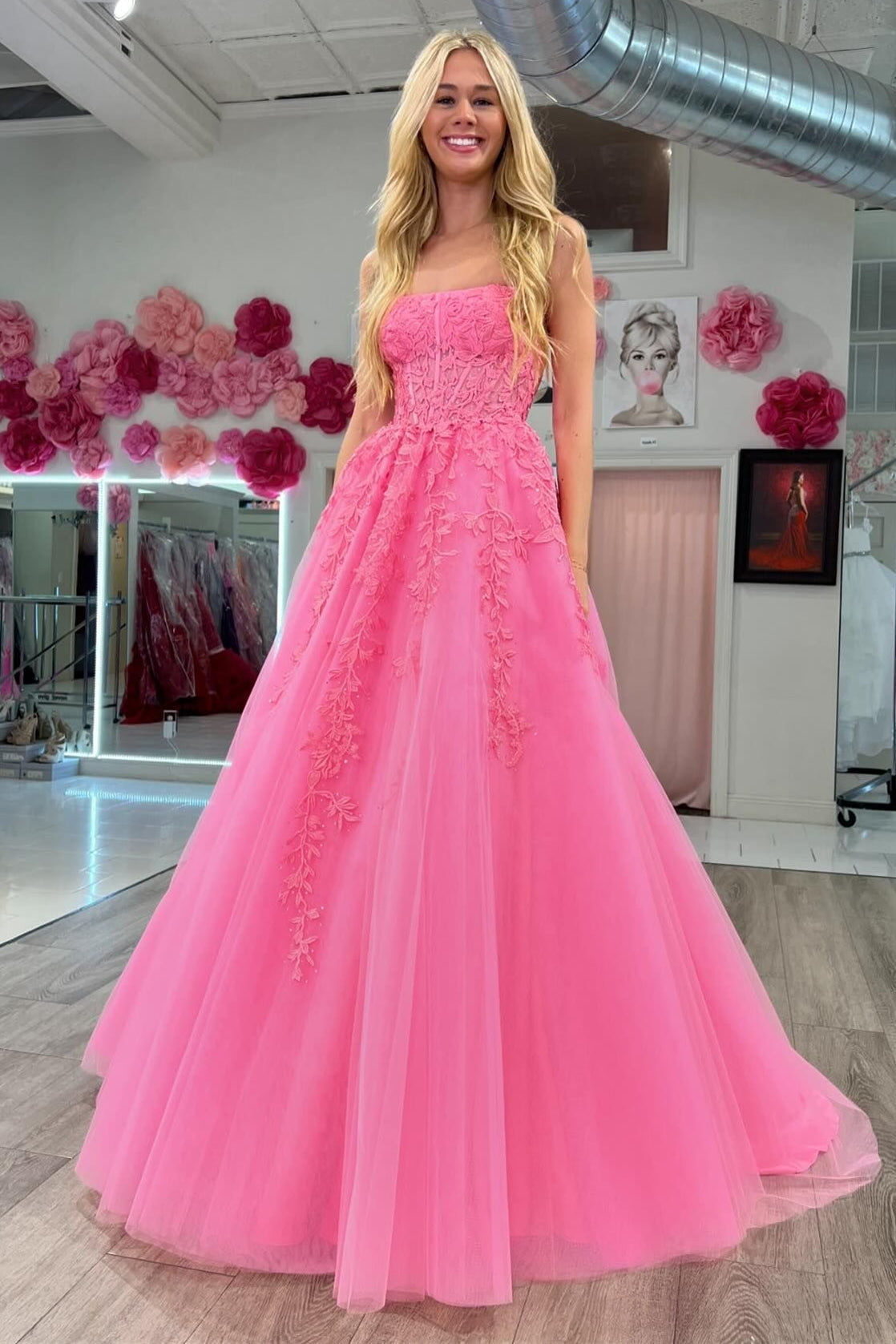 Hot Pink Appliques Strapless A-Line Long Sheer Prom Dress - DollyGown