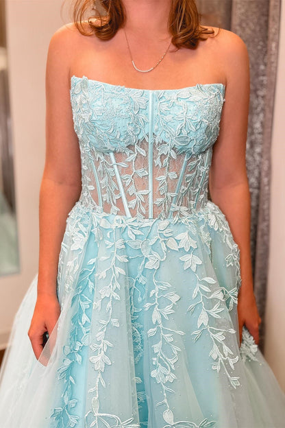 Aqua Blue Appliques Strapless A-Line Long Sheer Prom Dress - DollyGown