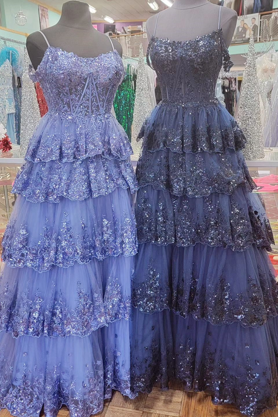 Tulle Sequin Lace Cold-Shoulder Ruffle Tiered Long Prom Dress - DollyGown