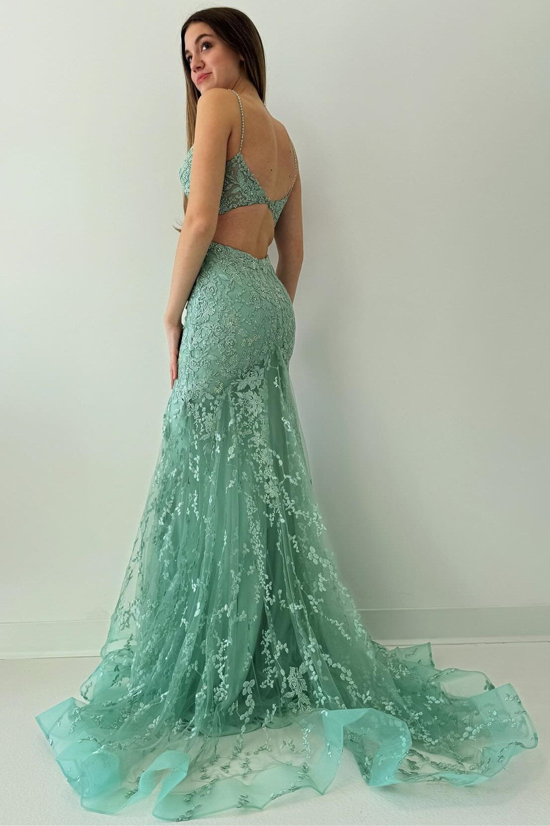 Sage Green Lace Mermaid Open Back Long Prom Dress - DollyGown
