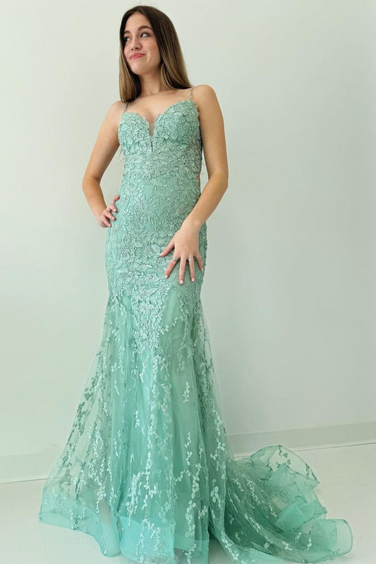 Sage Green Lace Mermaid Open Back Long Prom Dress - DollyGown