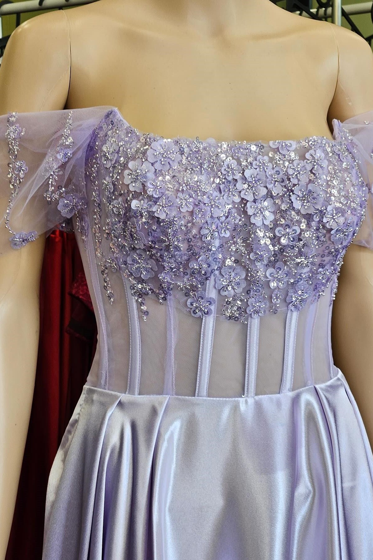 Lavender 3D Floral Lace Off-the-Shoulder Sheer Corset Prom Dress