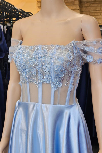 Lavender 3D Floral Lace Off-the-Shoulder Sheer Corset Prom Dress