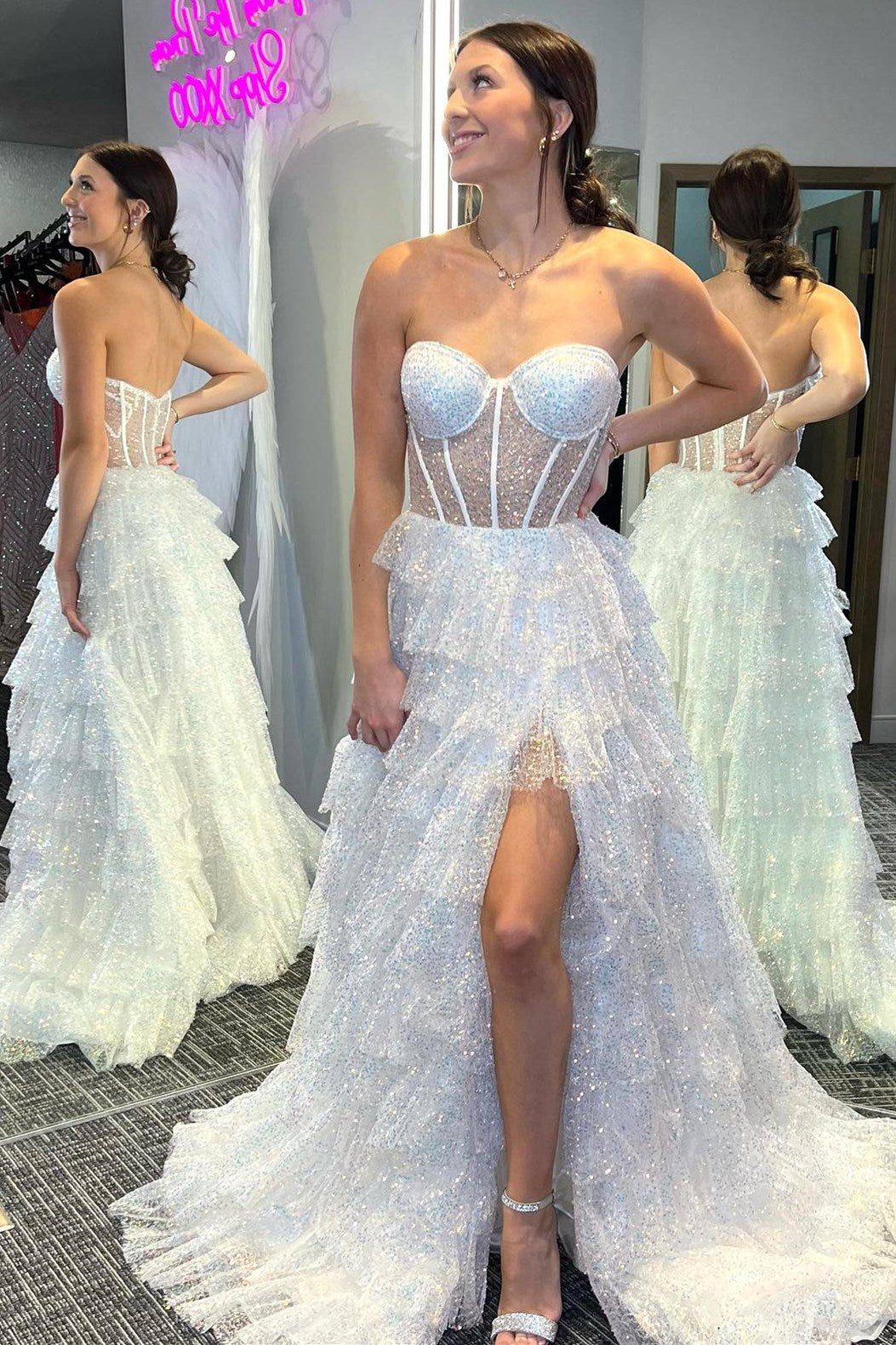 White Glitter Tulle Corset See Through Ruffle Tiered Long Prom Dress with Slit -DollyGown