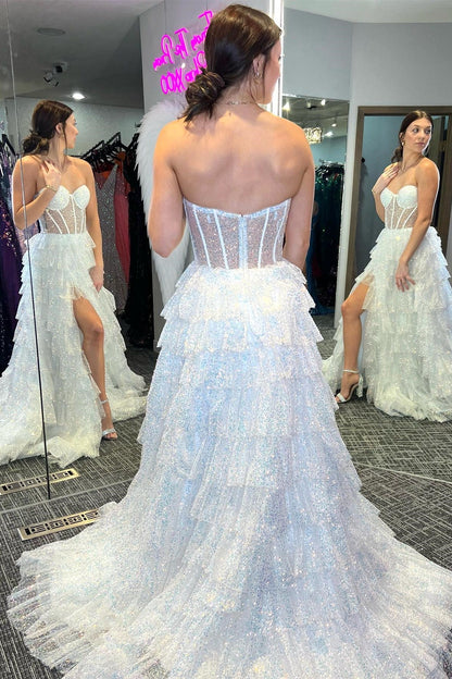 White Glitter Tulle Corset See Through Ruffle Tiered Long Prom Dress with Slit -DollyGown