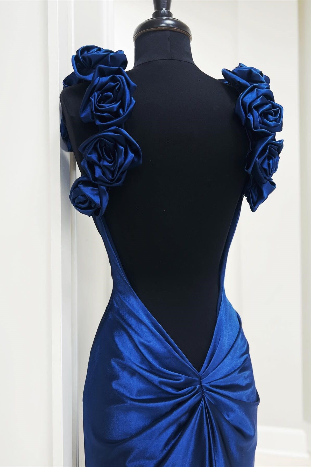 Navy Blue Rosette Plunge V Backless Mermaid Long Formal Gown - DollyGown