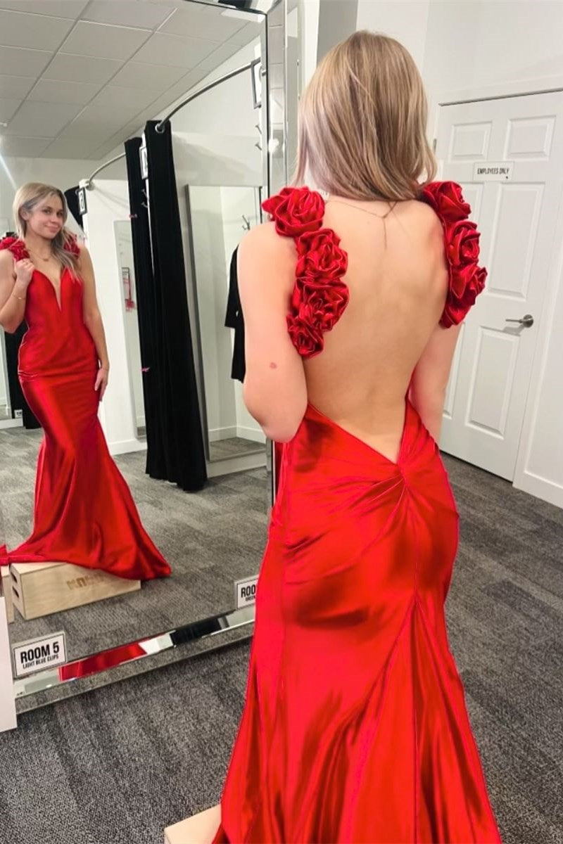 Red Rosette Plunge V Backless Mermaid Long Formal Gown - DollyGown