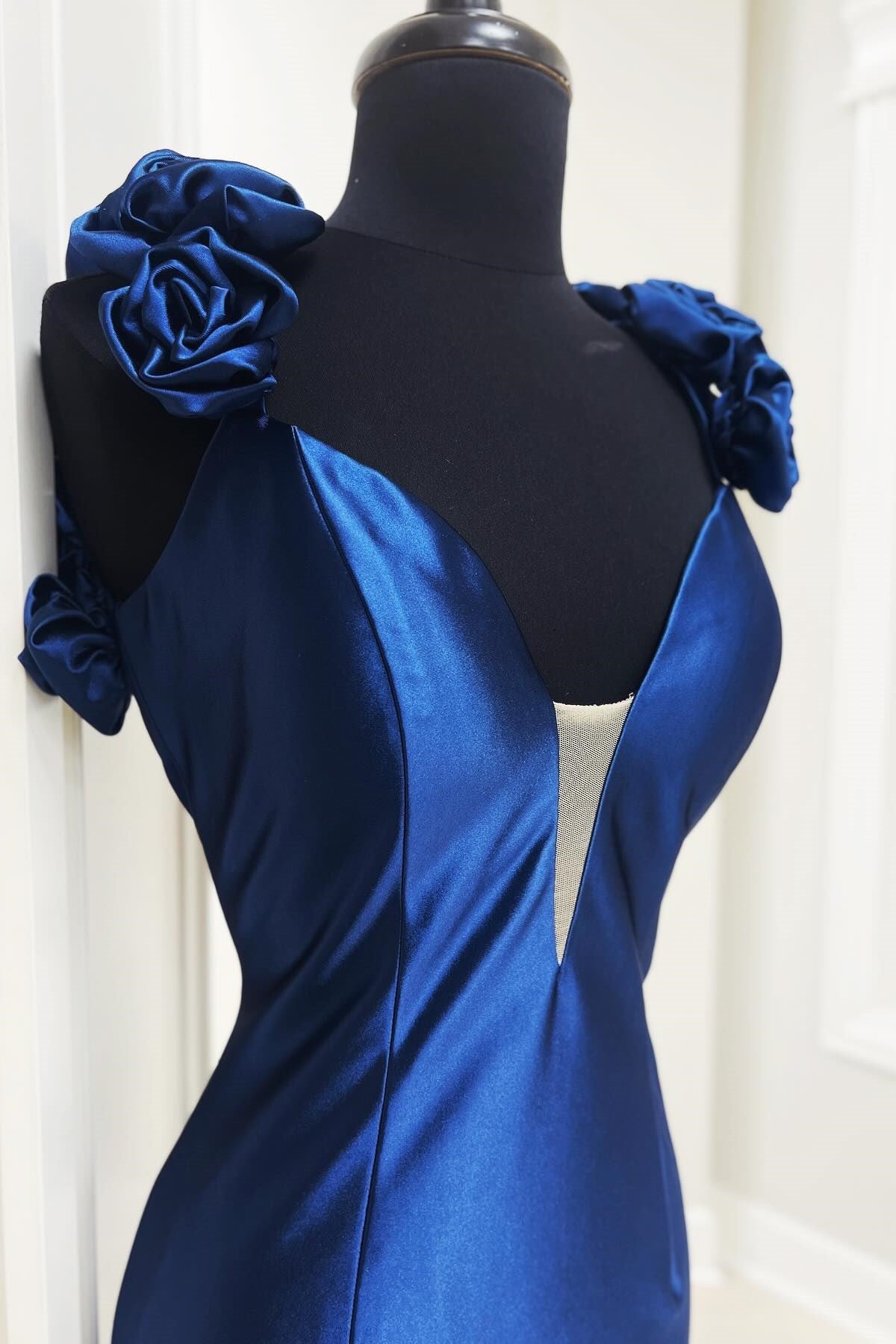 Navy Blue Rosette Plunge V Backless Mermaid Long Formal Gown - DollyGown