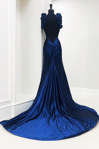 Navy Blue Rosette Plunge V Backless Mermaid Long Formal Gown - DollyGown