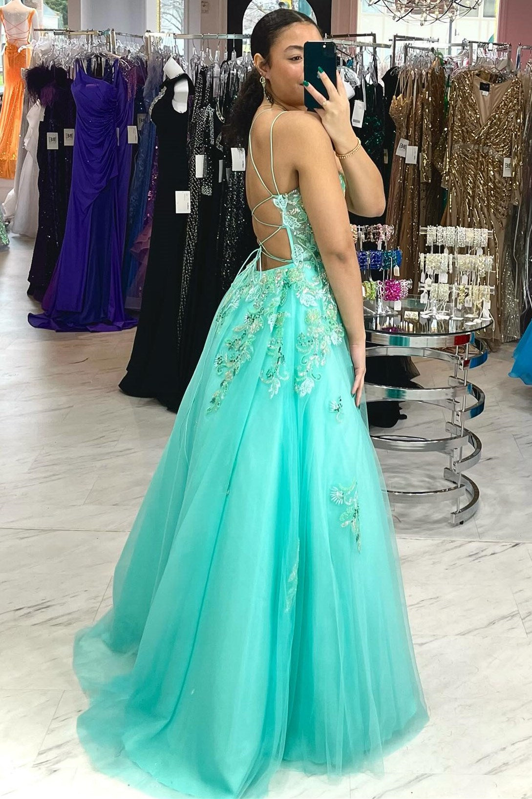 Aqua Blue Lace Up Tulle Prom Dress with Appliques