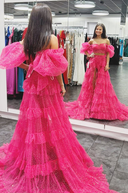 Fuchsia Two-Piece Puff Sleeve Ruffle Glitter Prom Dress with Slit - DollyGown