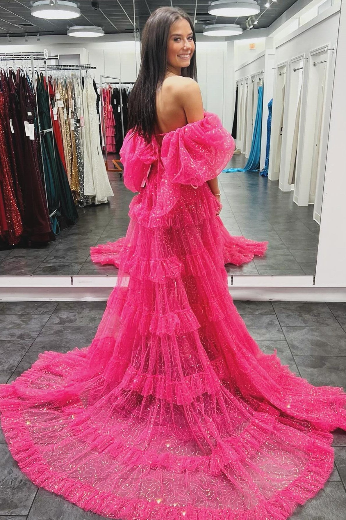 Fuchsia Two-Piece Puff Sleeve Ruffle Glitter Prom Dress with Slit - DollyGown