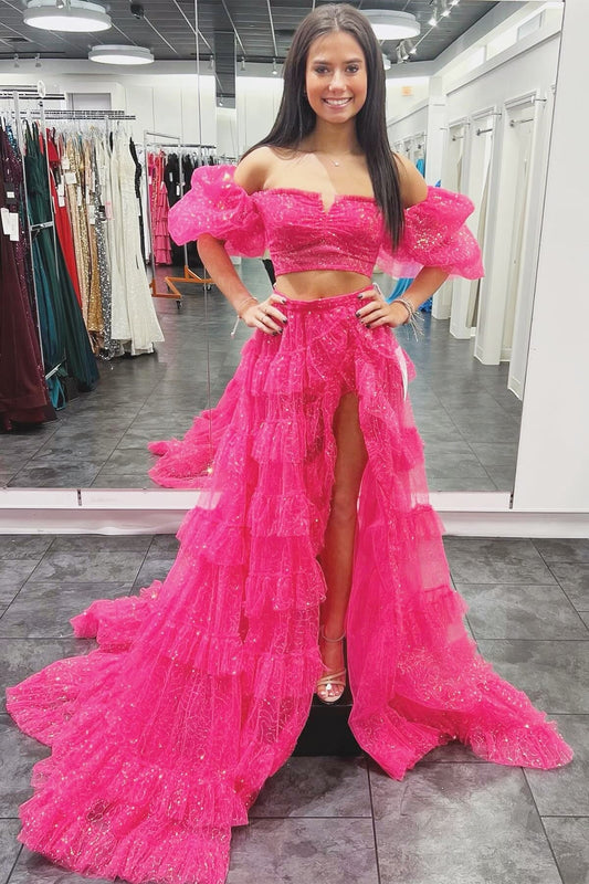 Fuchsia Two-Piece Puff Sleeve Ruffle Glitter Prom Dress with Slit - DollyGown