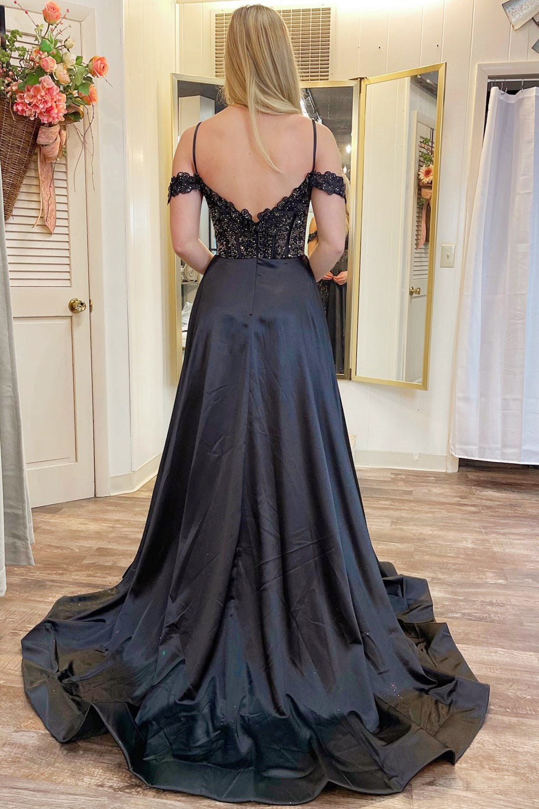 Black Cold-Shoulder Beaded A-Line Formal Dress with Slit