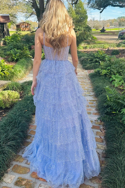 Lavender Tulle Sequin Ruffle Tiered Long Prom Dress