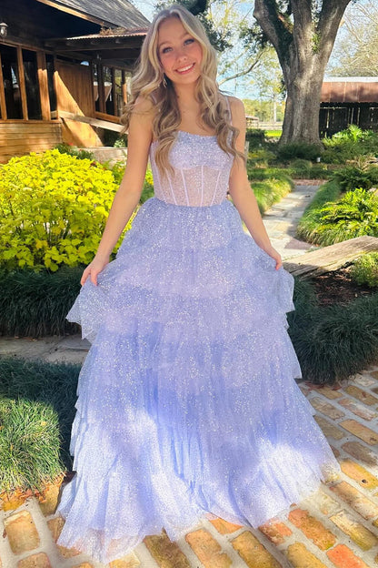 Lavender Tulle Sequin Ruffle Tiered Long Prom Dress - DollyGown