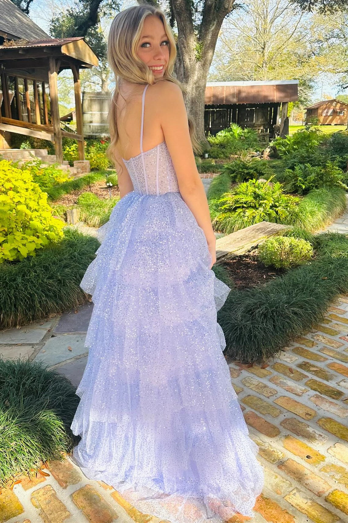 Lavender Tulle Sequin Ruffle Tiered Long Prom Dress - DollyGown