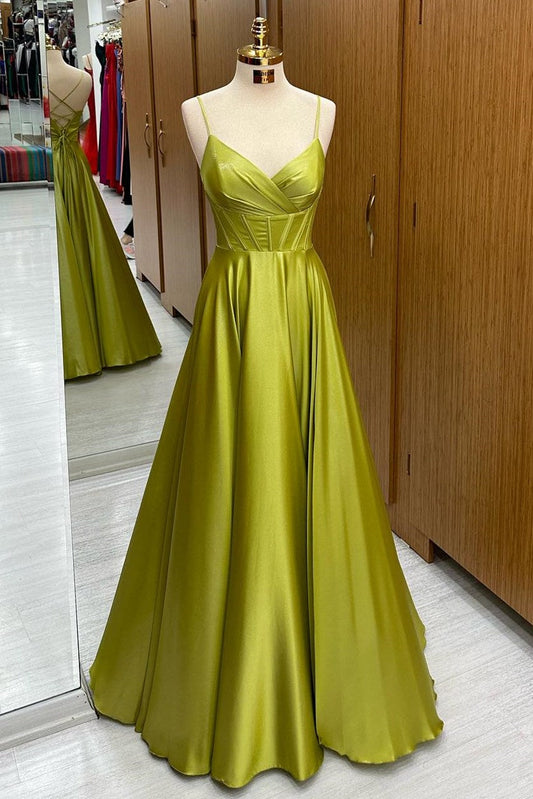 Olive Green Corset Lace-Up A-Line Long Formal Prom Dress - DollyGown